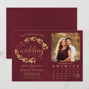 Save The Date Feuilles d'or sur fond burgundy Photo et calendrie