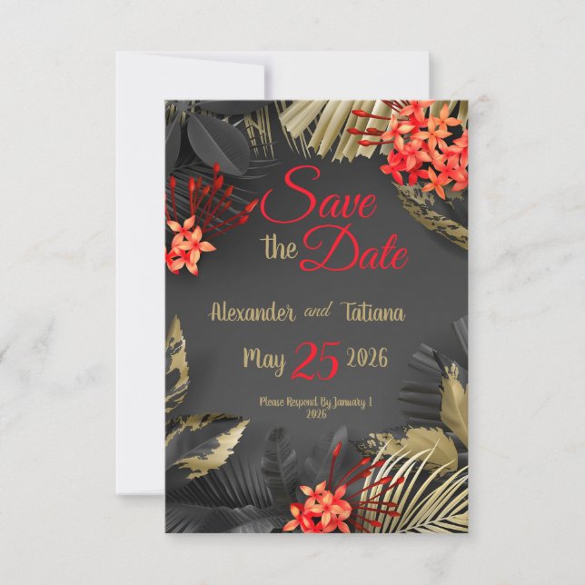 Save The Date Feuilles noires et dorées tropicales sur fond somb (Devant)
