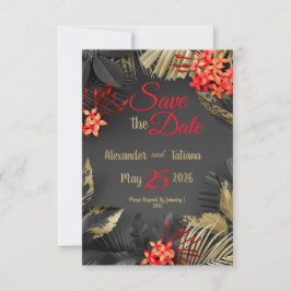 Save The Date Feuilles noires et dorées tropicales sur fond somb