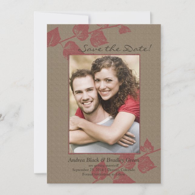 Save The Date Feuilles Rouges Rustiques Photo Mariage Enregistre (Devant)