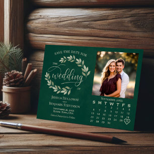 Save The Date Feuilles Sage Emerald Green Photo & Calendrier Mar