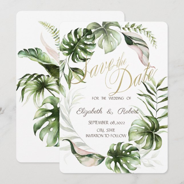 Save The Date Feuilles Tropicaux Sauvegardez La Date (Devant / Derrière)