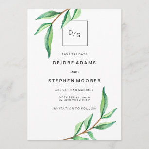 Save The Date Feuilles verts minimalistes en blanc Enregistrer l