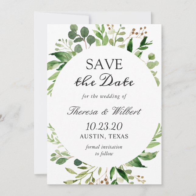 Save The Date Feuilles verts modernes couronne Élégant Mariage s (Devant)