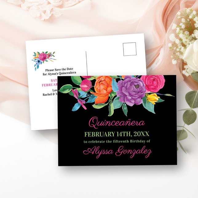 Save the Date Fiesta Blume Schwarz und Blau Ankündigungspostkarte (Save the Date Postcard Invitation from my Fiesta Flowers Quinceanera Collection)