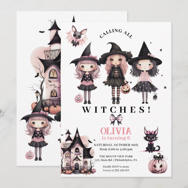 Save The Date Fille Halloween Anniversaire sorcières n'importe q (Devant / Derrière)