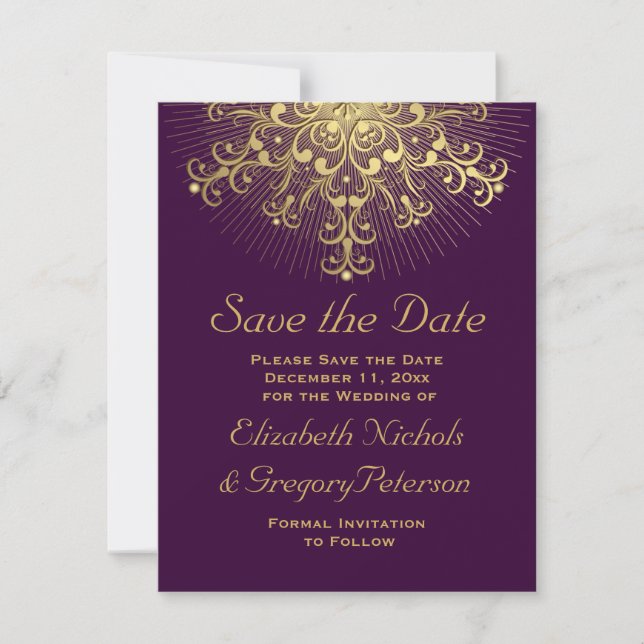 Save The Date Flacon d'or violet mariage d'hiver Enregistrer la  (Devant)