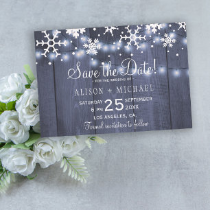 Save The Date Flammes de neige allumées rustiques mariage d'hive
