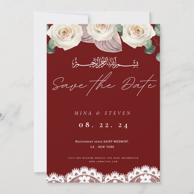 Save The Date Fleur de lace d'invitation musulmane rouge enregis (Devant)