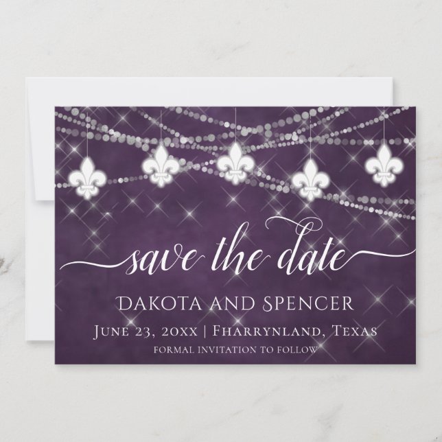 Save The Date Fleur de Lis Eggplant Lumières pourpres | Mariage  (Devant)