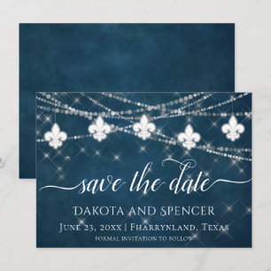 Save The Date Fleur de Lis Lumières Bleues Marine Mariage rust