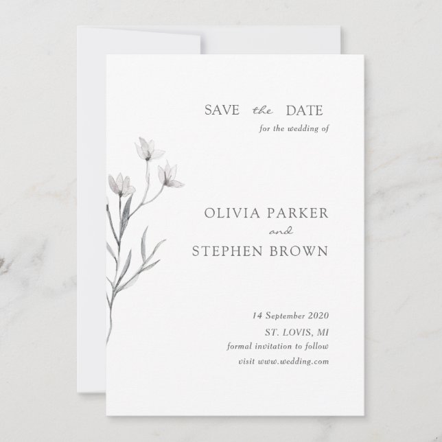Save The Date Fleur dessinée à la main Simple Mariage blanc mode (Devant)
