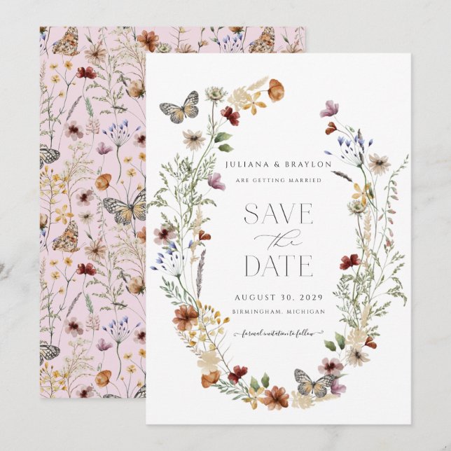 Save The Date Fleur sauvage Butterfly Floral Enregistrer La Date (Devant / Derrière)
