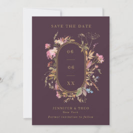 Save The Date Fleur sauvage Eggplant & Gold Frame Mariage Photo