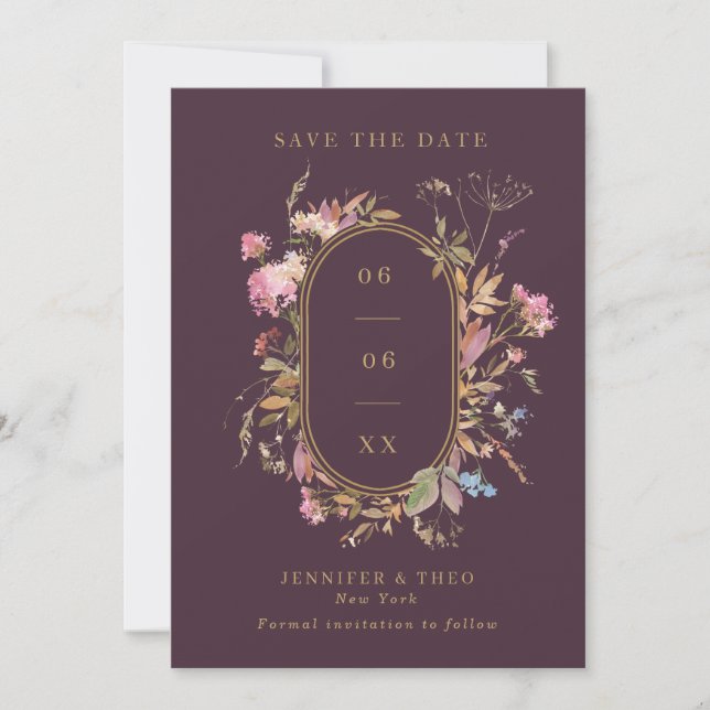 Save The Date Fleur sauvage Eggplant & Gold Frame Mariage Photo (Devant)