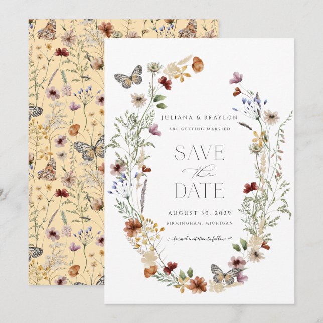 Save The Date Fleur sauvage Elégant aquarelle Floral & Butterfy (Devant / Derrière)