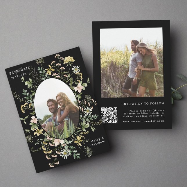Save The Date Fleur sauvage Frame 2 Photo Mariage QR Code noir (Créateur téléchargé)