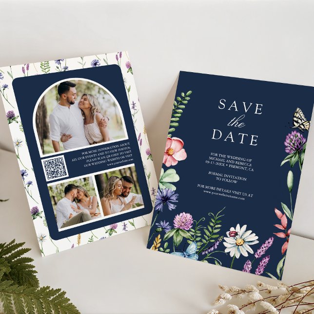 Save The Date Fleur sauvage Photo QR Code Marine Mariage bleu (Créateur téléchargé)