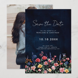 Save The Date Fleur sauvage Rustique Pays Boho Floral Navy Photo