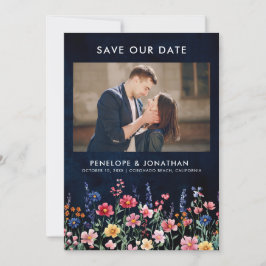 Save The Date Fleur sauvage Rustique Pays Boho Floral Navy Photo