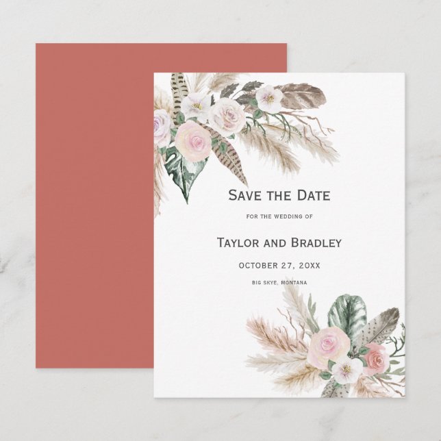 Save The Date Fleur tropicale Herbe des Pampas, Plumes, Rustique (Devant / Derrière)