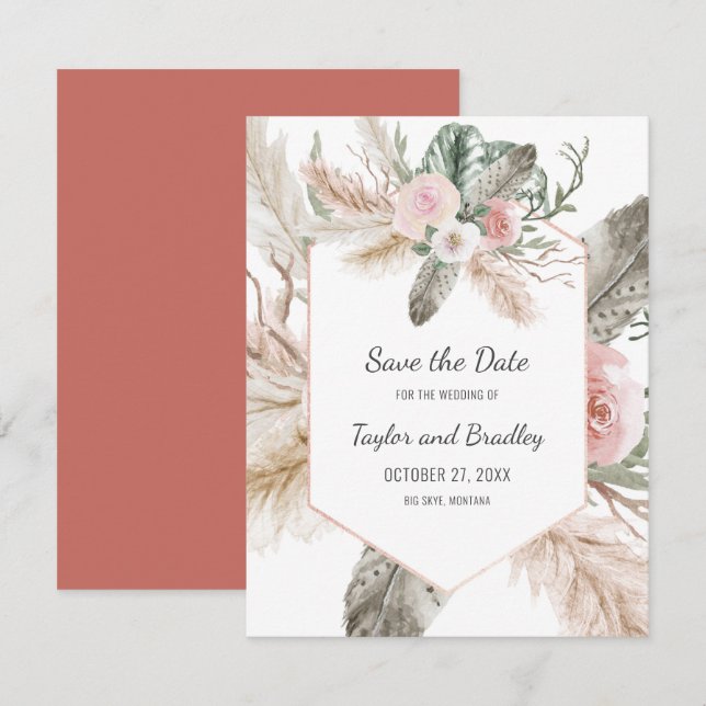 Save The Date Fleur tropicale Herbe des Pampas, Plumes, Rustique (Devant / Derrière)
