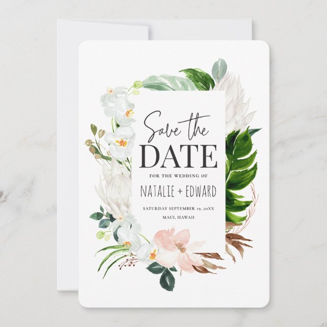 Save The Date Fleur tropicale rose, sarcelle et orchidée (Devant)