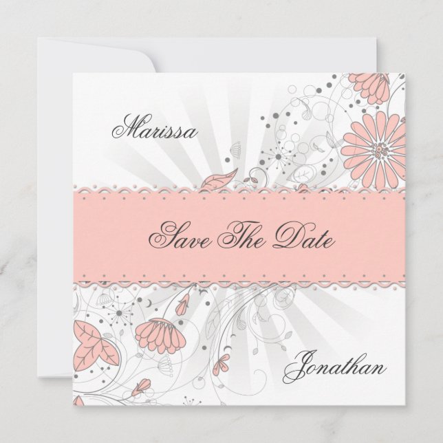 Save The Date Fleurs Abstraites de Pêche Sunburst Gris Enregistr (Devant)
