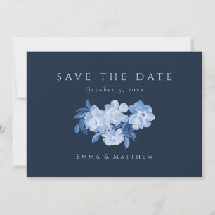 Save The Date Fleurs Aquarelle Sophistiquées Fond Bleu QR