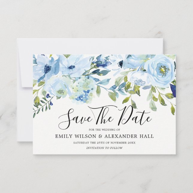 Save The Date Fleurs Aquarelles Bleu Ciel Mariage Moderne (Devant)