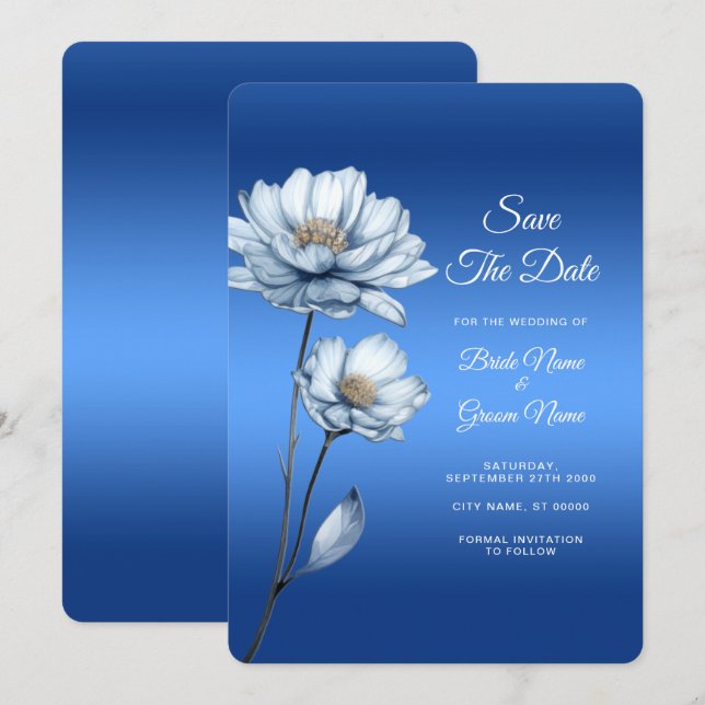 Save The Date Fleurs Aquarelles Bleues Enregistrer La Date (Devant / Derrière)