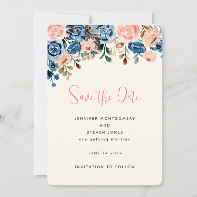Save The Date Fleurs aquarelles roses et bleues pour mariage (Devant)