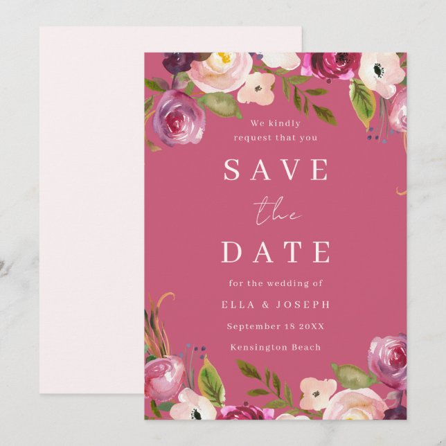 Save The Date Fleurs aquarelles roses mariage vibrant (Devant / Derrière)