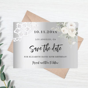 Save The Date Fleurs blanches argentées en dentelle