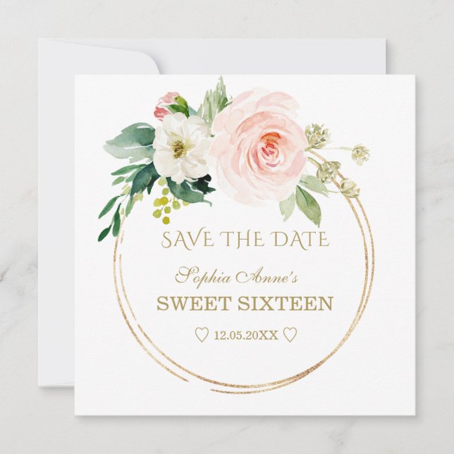 Save The Date Fleurs blanches brillantes délicates Sweet sixteen (Devant)