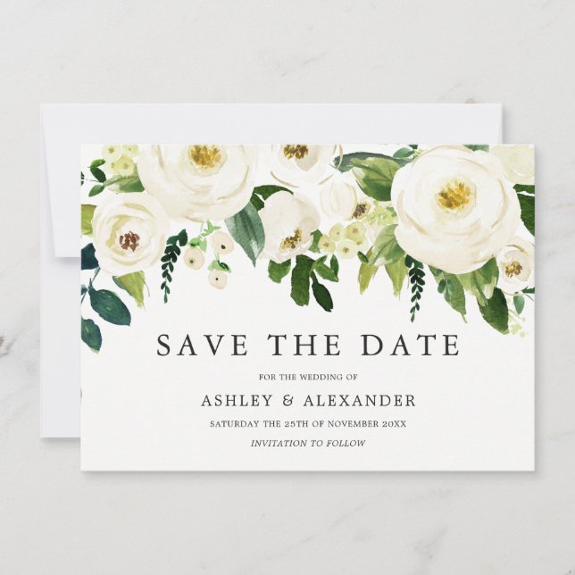 Save The Date Fleurs Blanches Élégantes Fleurissant Toutes Saiso (Devant)
