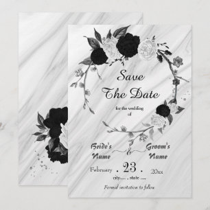 Save The Date fleurs blanches noires gris feuille couronne botan