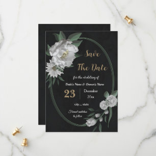 Save The Date fleurs blanches romantiques botaniques noires