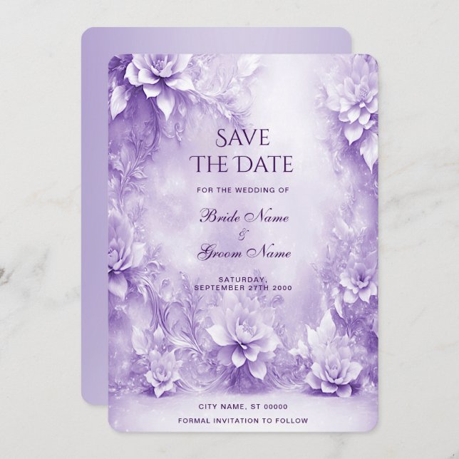 Save The Date Fleurs Blanches Violettes Enregistrer La Date (Devant / Derrière)