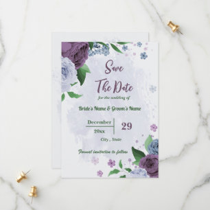 Save The Date Fleurs bleu pourpre vert feuille mariage