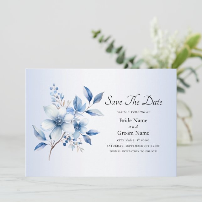 Save The Date Fleurs Bleues Botaniques Enregistrer La Date (Debout devant)