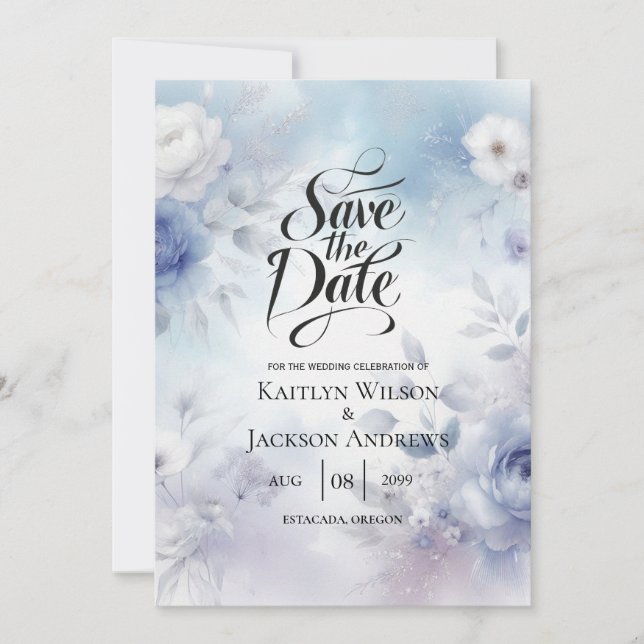 Save The Date Fleurs bleues douces et Mariage de purée (Devant)