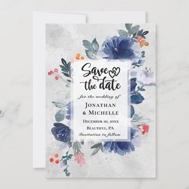 Save The Date Fleurs Bleues Fleurs Bleues Fleurs Rouges Mariage  (Devant)