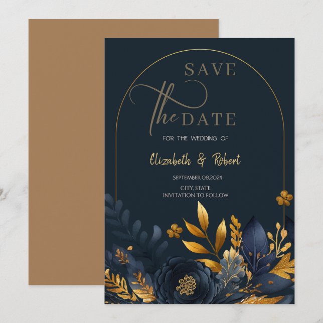 Save The Date Fleurs Bleues Marine Feuilles d'or plat Enregistre (Devant / Derrière)