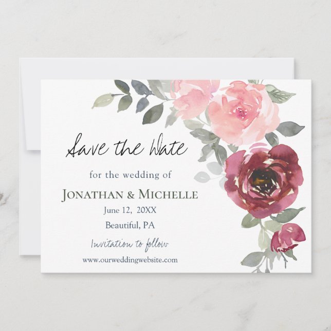 Save The Date Fleurs Bourgogne rose Verdure Aquarelle Mariage (Devant)