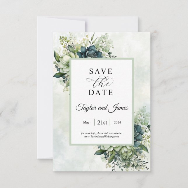 Save The Date Fleurs d'aquarelle bleu vert Enregistrer la date (Devant)