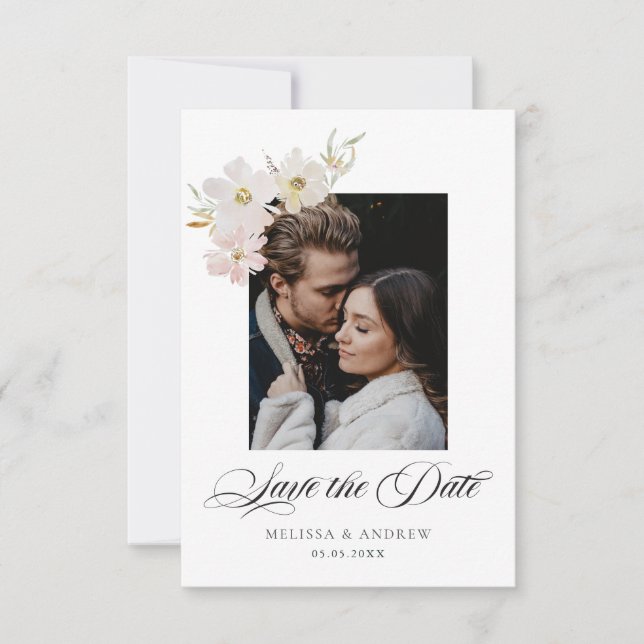 Save The Date Fleurs d'aquarelle crème et bleu Enregistrer la da (Devant)