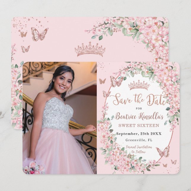 Save The Date Fleurs de cerises Papillons floraux Doux 16 Photo (Devant / Derrière)