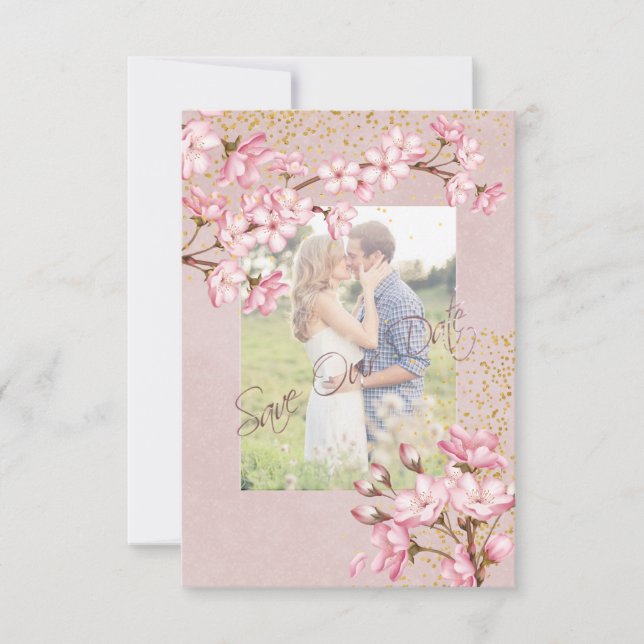 Save The Date Fleurs de cerisier roses confettis dorés (Devant)