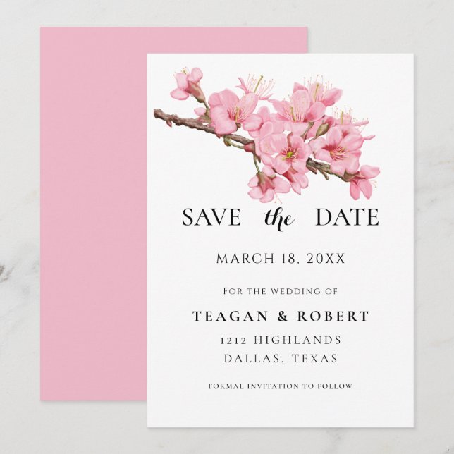 Save The Date Fleurs de cerisiers roses (Devant / Derrière)